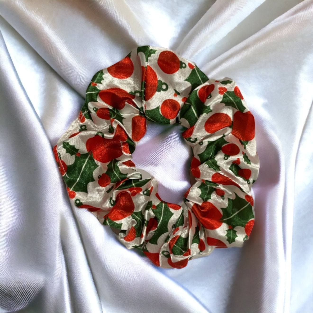 White silk Christmas bobble scrunchie