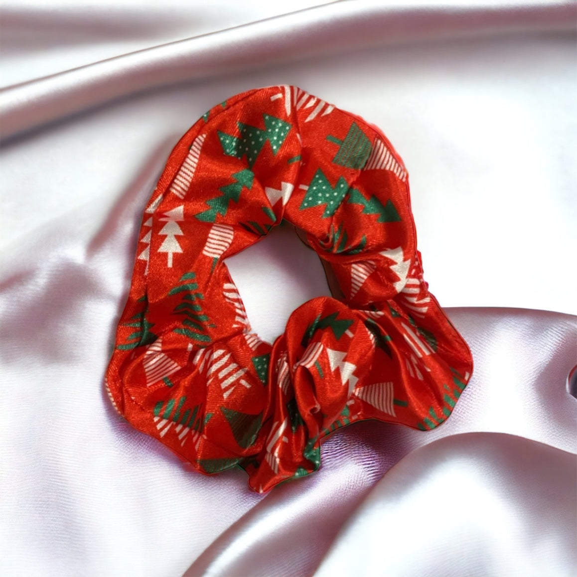 Red silk Christmas tree scrunchie