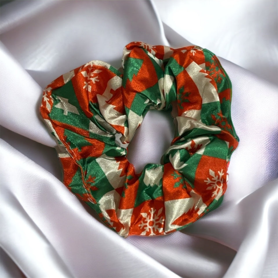 Silk, red green and white Christmas scrunchie